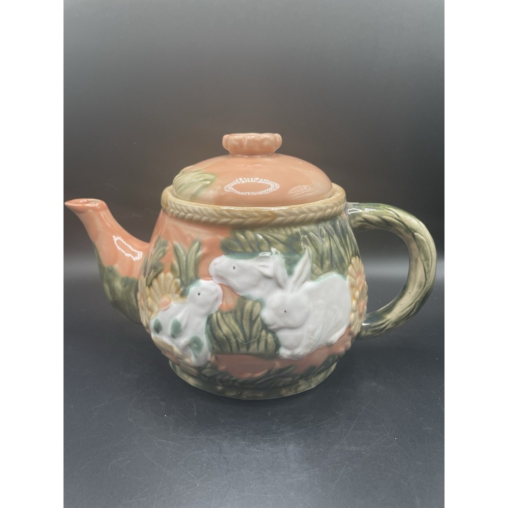 Vintage Classic Majolica White Rabbit Tea Pot by Henriksen - Vintage Tea Pot